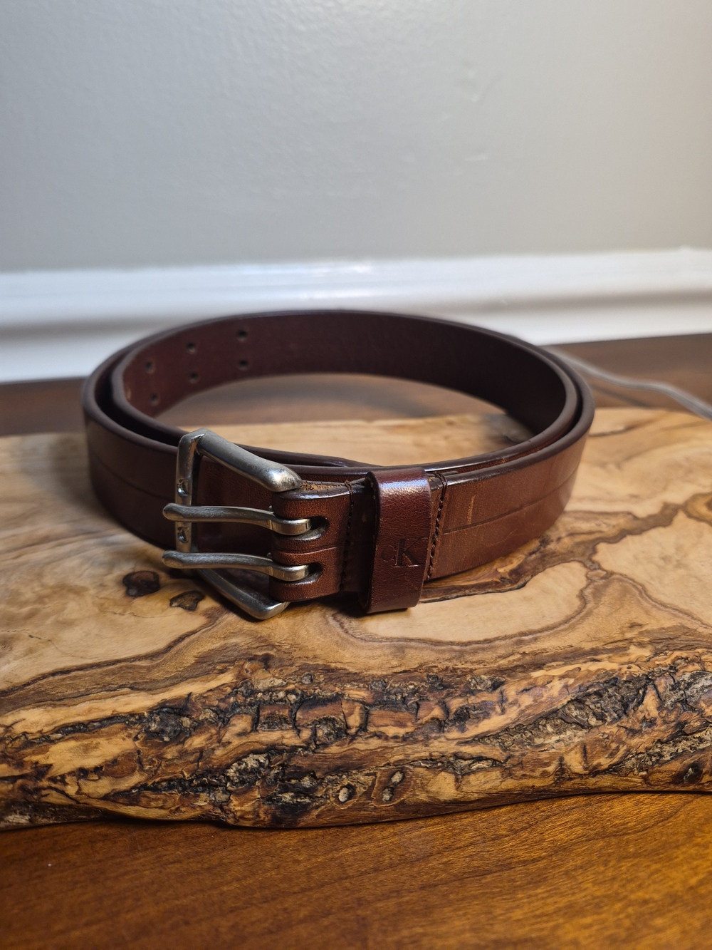 Calvin Klein Chestnut Brown Triple-Prong‎ Leather Belt Italian Saddle Leather